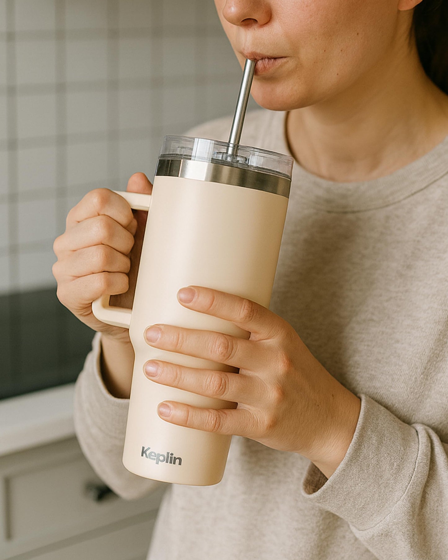 Keplin 40 oz / 1200 ml Insulated Travel Tumbler – Double Wall Stainless Steel Cup with Leak-Proof Lid, Thermal Flask Keeps Drinks Hot & Cold, Dishwasher Safe, Fits Car Cup Holders - Cream White