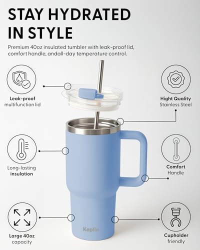 Keplin 40 oz / 1200 ml Insulated Travel Tumbler – Double Wall Stainless Steel Cup with Leak-Proof Lid, Thermal Flask Keeps Drinks Hot & Cold, Dishwasher Safe, Fits Car Cup Holders - Cream White