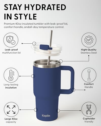Keplin 40 oz / 1200 ml Insulated Travel Tumbler – Double Wall Stainless Steel Cup with Leak-Proof Lid, Thermal Flask Keeps Drinks Hot & Cold, Dishwasher Safe, Fits Car Cup Holders - Cream White