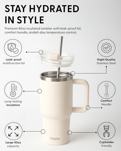 Keplin 40 oz / 1200 ml Insulated Travel Tumbler – Double Wall Stainless Steel Cup with Leak-Proof Lid, Thermal Flask Keeps Drinks Hot & Cold, Dishwasher Safe, Fits Car Cup Holders - Cream White
