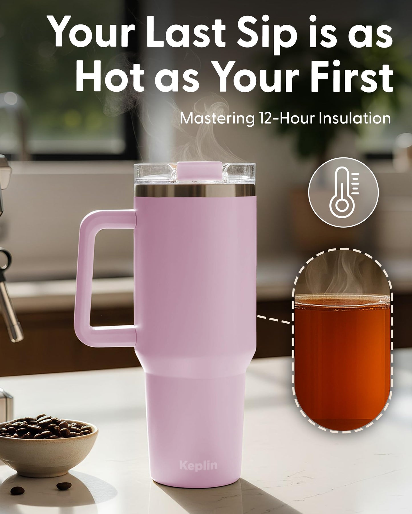 Keplin 40 oz / 1200 ml Insulated Travel Tumbler – Double Wall Stainless Steel Cup with Leak-Proof Lid, Thermal Flask Keeps Drinks Hot & Cold, Dishwasher Safe, Fits Car Cup Holders - Cream White