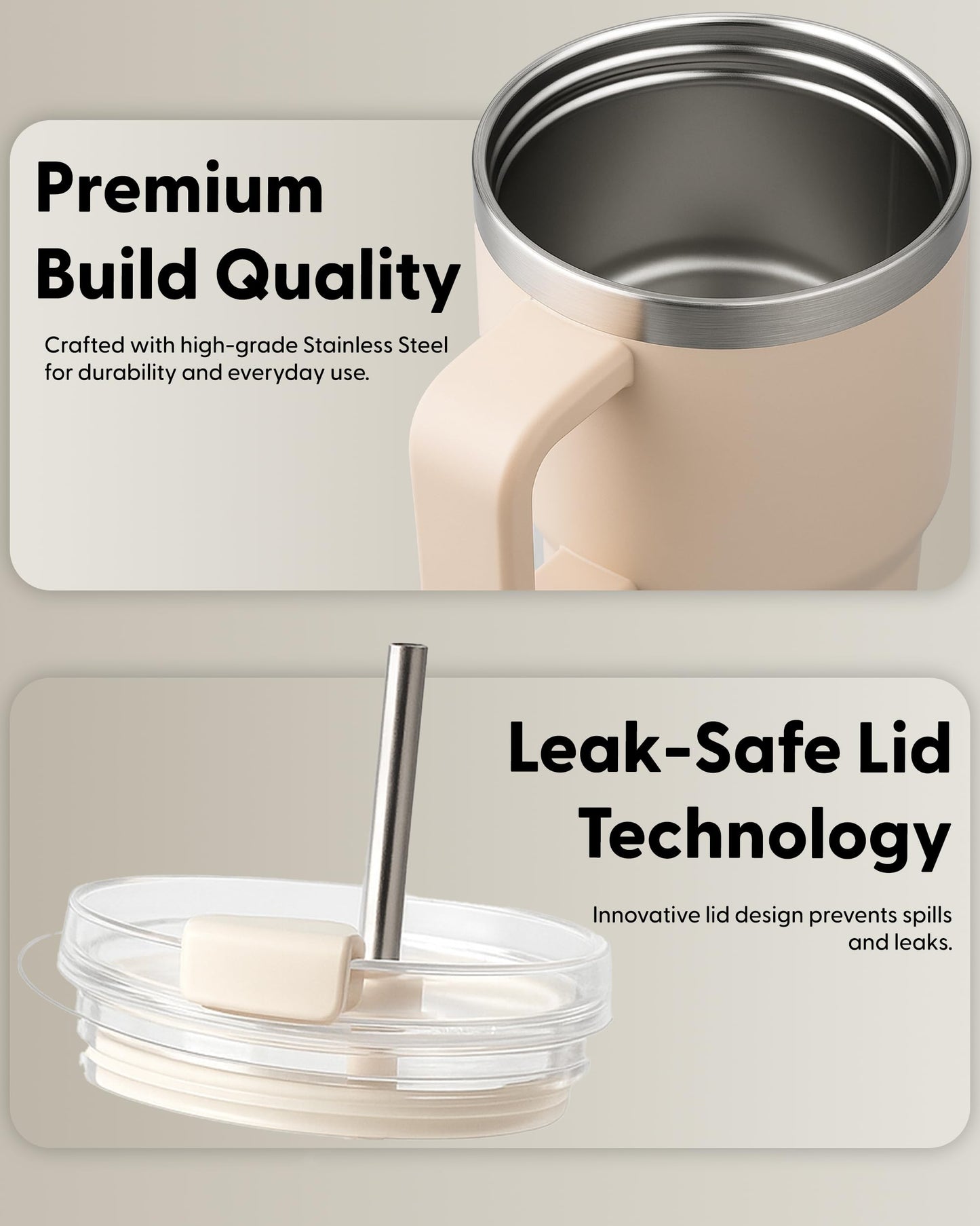 Keplin 40 oz / 1200 ml Insulated Travel Tumbler – Double Wall Stainless Steel Cup with Leak-Proof Lid, Thermal Flask Keeps Drinks Hot & Cold, Dishwasher Safe, Fits Car Cup Holders - Cream White