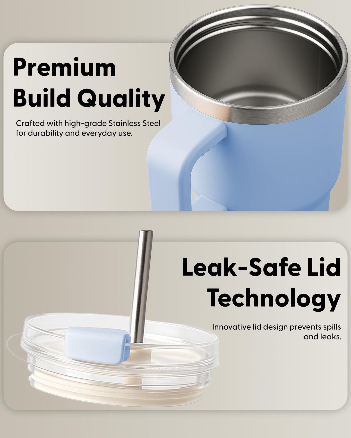 Keplin 40 oz / 1200 ml Insulated Travel Tumbler – Double Wall Stainless Steel Cup with Leak-Proof Lid, Thermal Flask Keeps Drinks Hot & Cold, Dishwasher Safe, Fits Car Cup Holders - Cream White