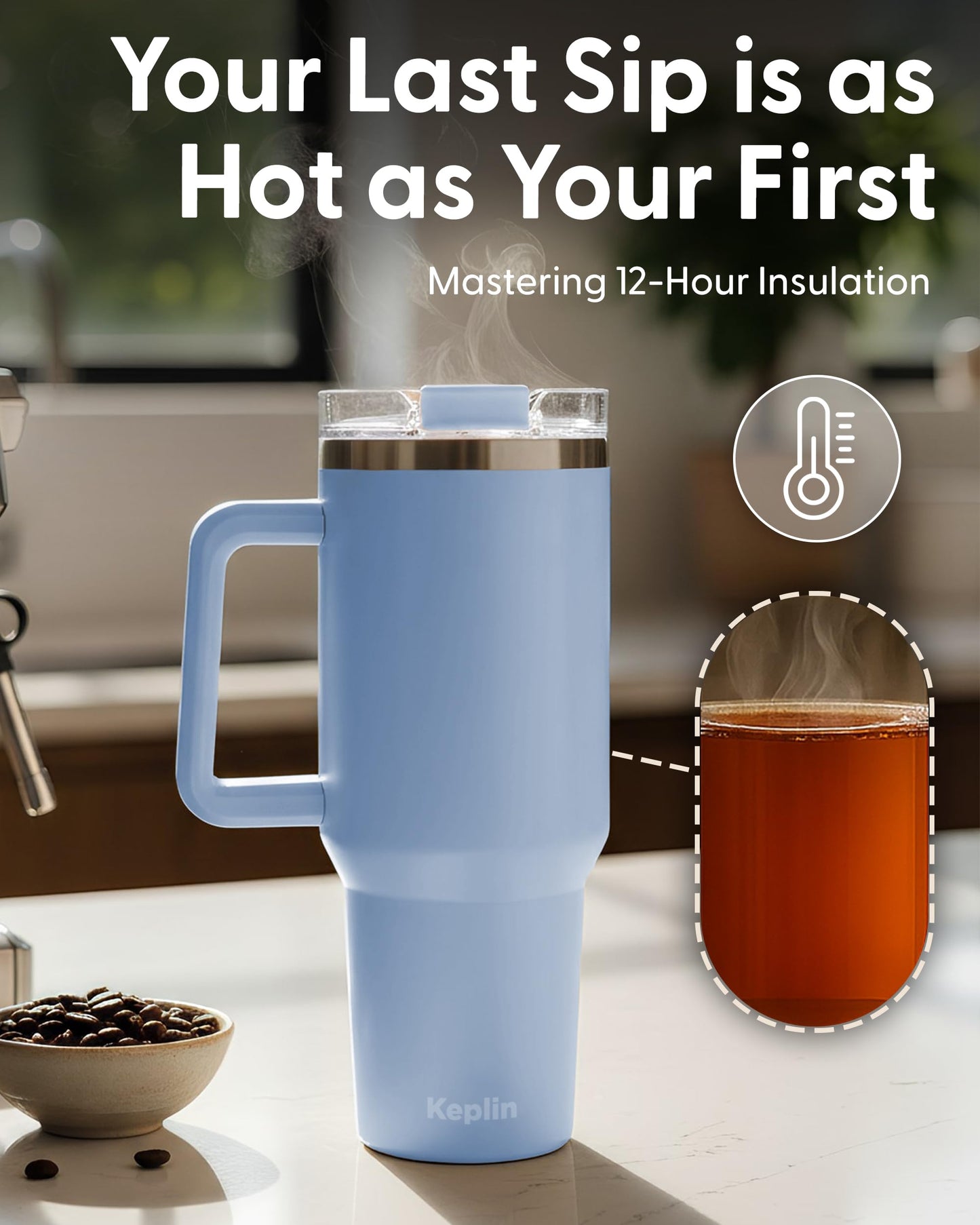 Keplin 40 oz / 1200 ml Insulated Travel Tumbler – Double Wall Stainless Steel Cup with Leak-Proof Lid, Thermal Flask Keeps Drinks Hot & Cold, Dishwasher Safe, Fits Car Cup Holders - Cream White