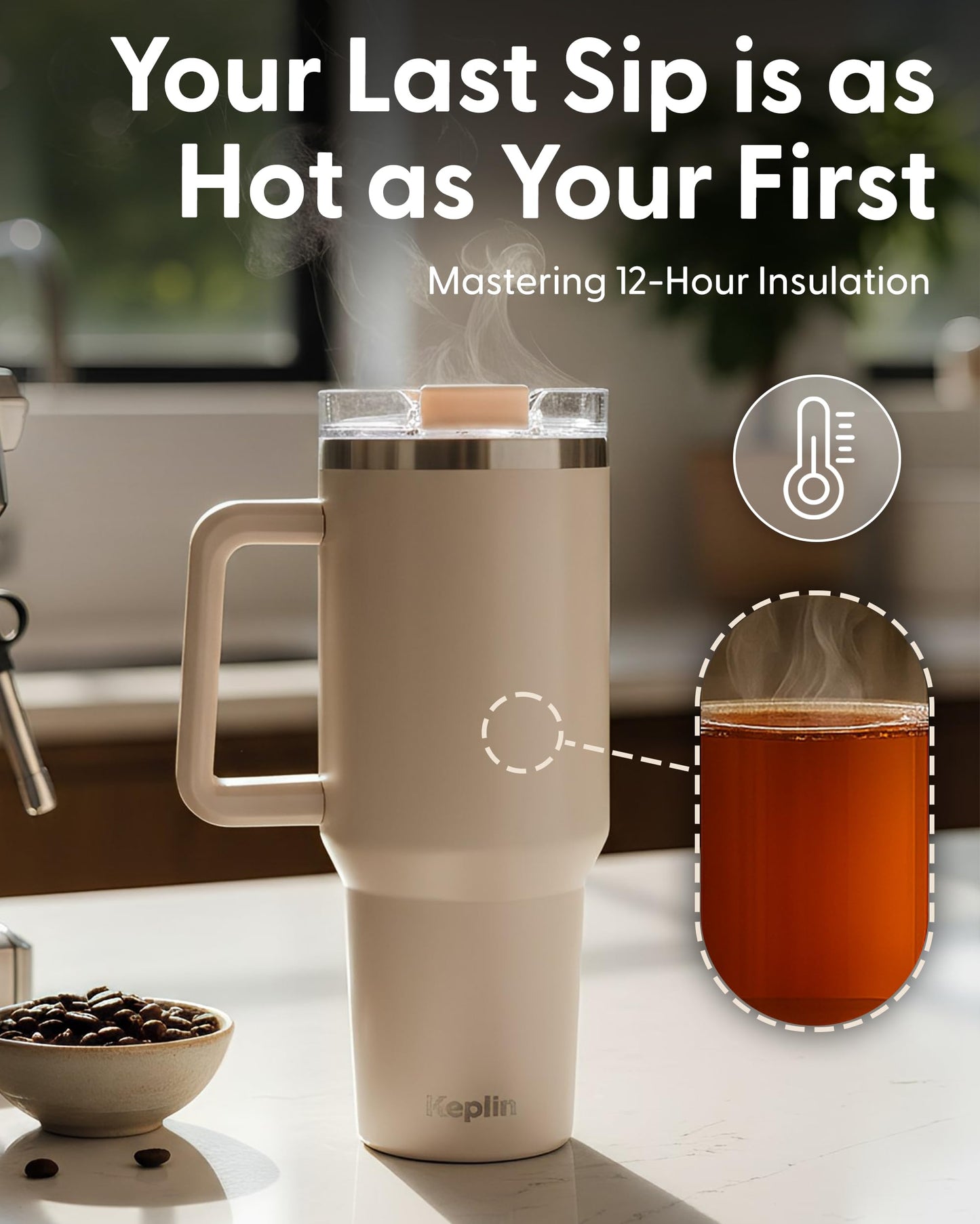 Keplin 40 oz / 1200 ml Insulated Travel Tumbler – Double Wall Stainless Steel Cup with Leak-Proof Lid, Thermal Flask Keeps Drinks Hot & Cold, Dishwasher Safe, Fits Car Cup Holders - Cream White