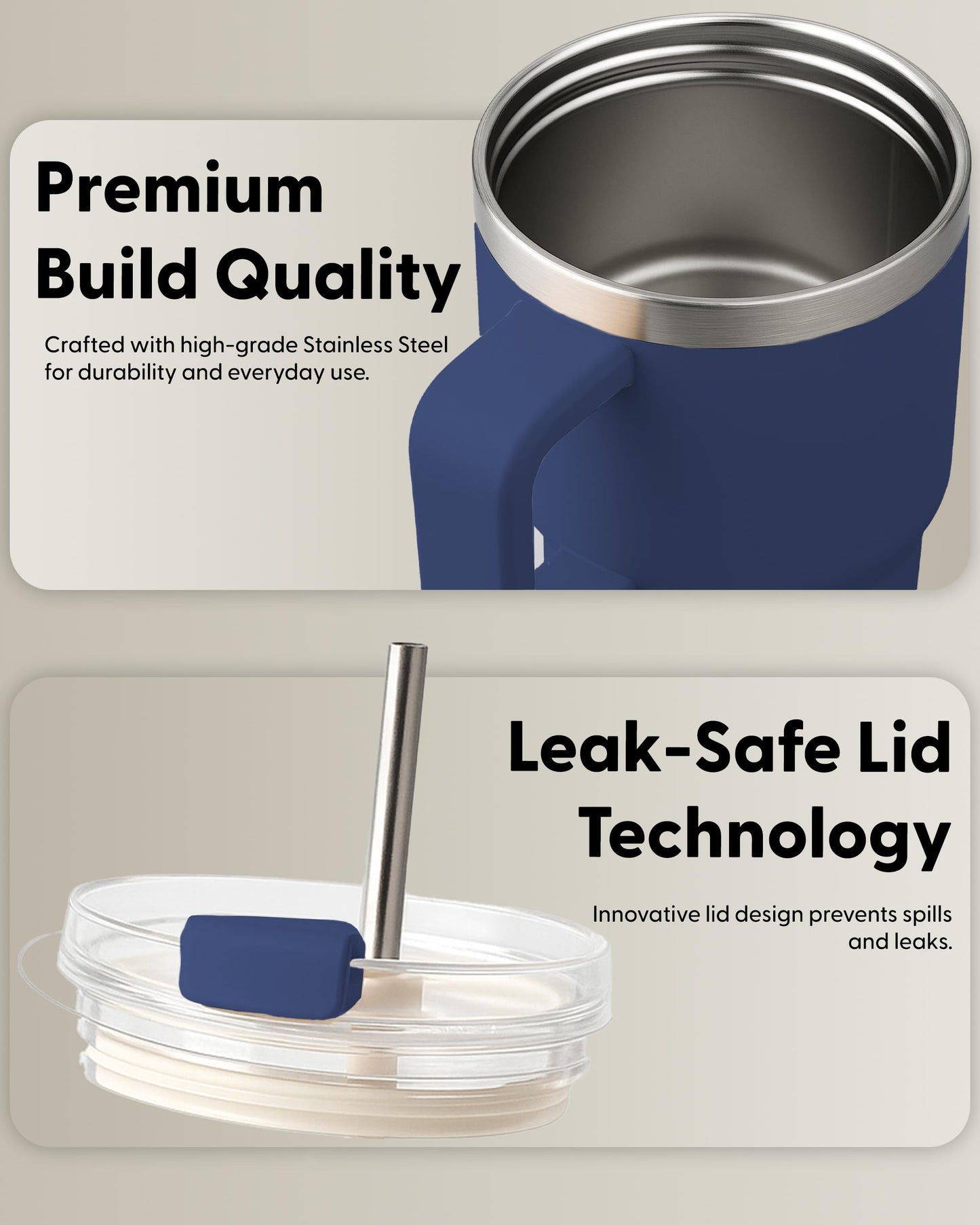 Keplin 40 oz / 1200 ml Insulated Travel Tumbler – Double Wall Stainless Steel Cup with Leak-Proof Lid, Thermal Flask Keeps Drinks Hot & Cold, Dishwasher Safe, Fits Car Cup Holders - Cream White