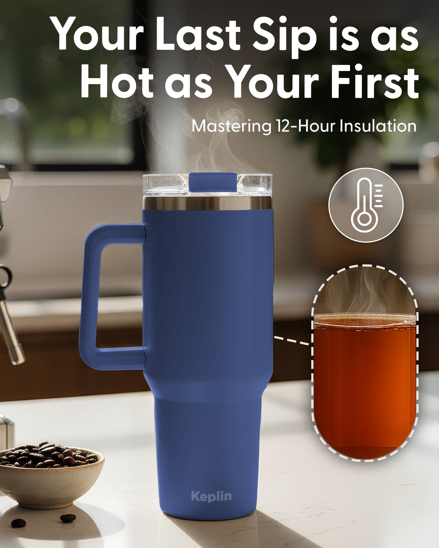 Keplin 40 oz / 1200 ml Insulated Travel Tumbler – Double Wall Stainless Steel Cup with Leak-Proof Lid, Thermal Flask Keeps Drinks Hot & Cold, Dishwasher Safe, Fits Car Cup Holders - Cream White