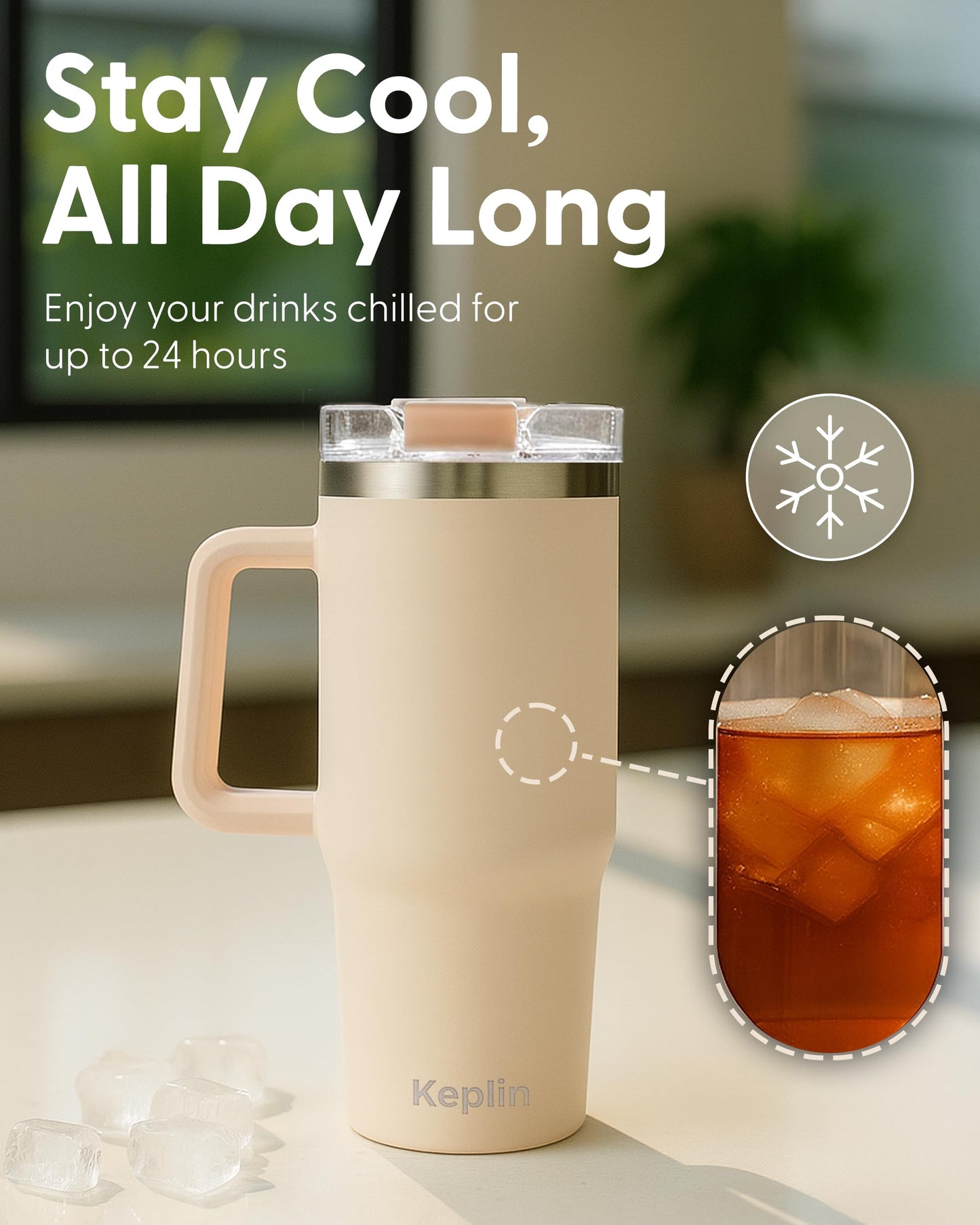 Keplin 40 oz / 1200 ml Insulated Travel Tumbler – Double Wall Stainless Steel Cup with Leak-Proof Lid, Thermal Flask Keeps Drinks Hot & Cold, Dishwasher Safe, Fits Car Cup Holders - Cream White